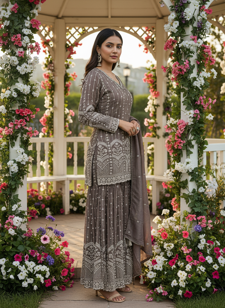 Brown Shimmer Organza Handwork Sharara Set (53480)
