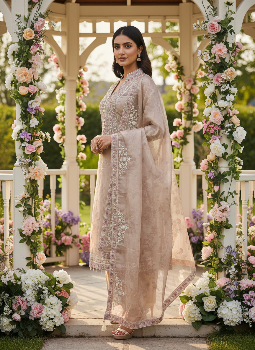 Beige Organza Embroidered Festive Ensemble (55034)