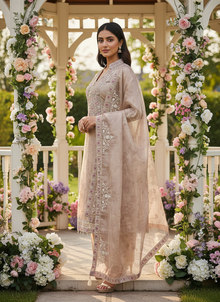 Beige Organza Embroidered Festive Ensemble (55034)