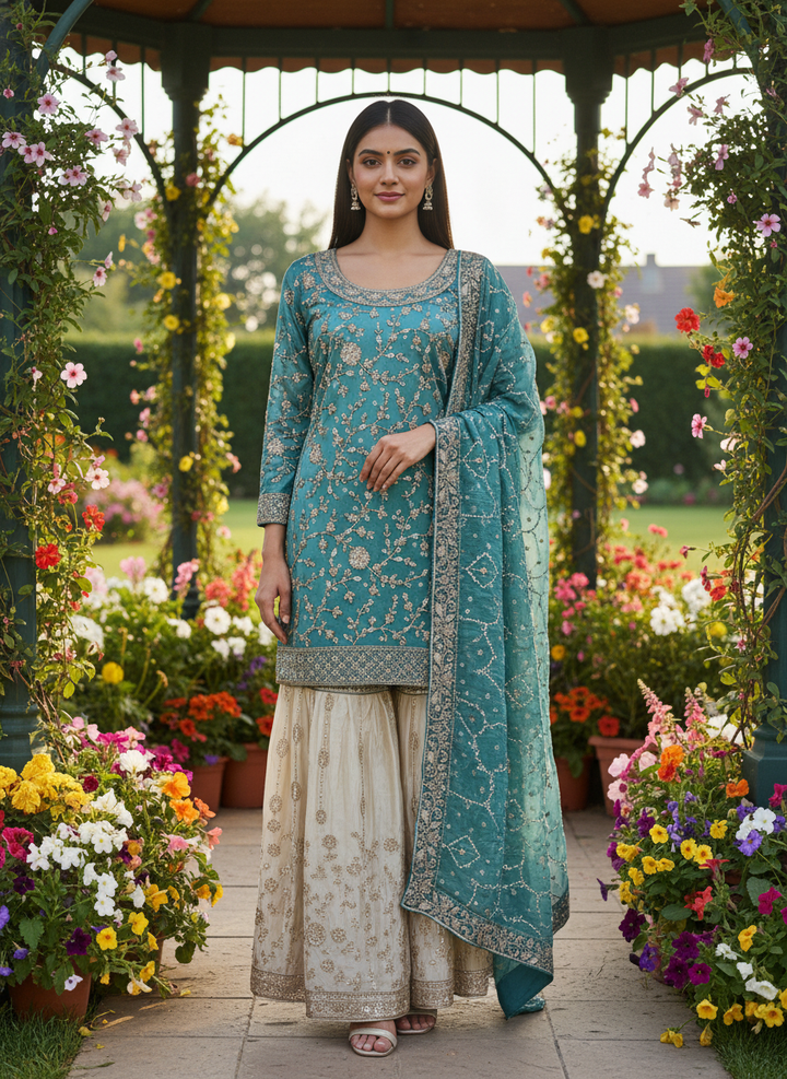 Emerald Tissue Sharara with Cutdana Handwork (53936)