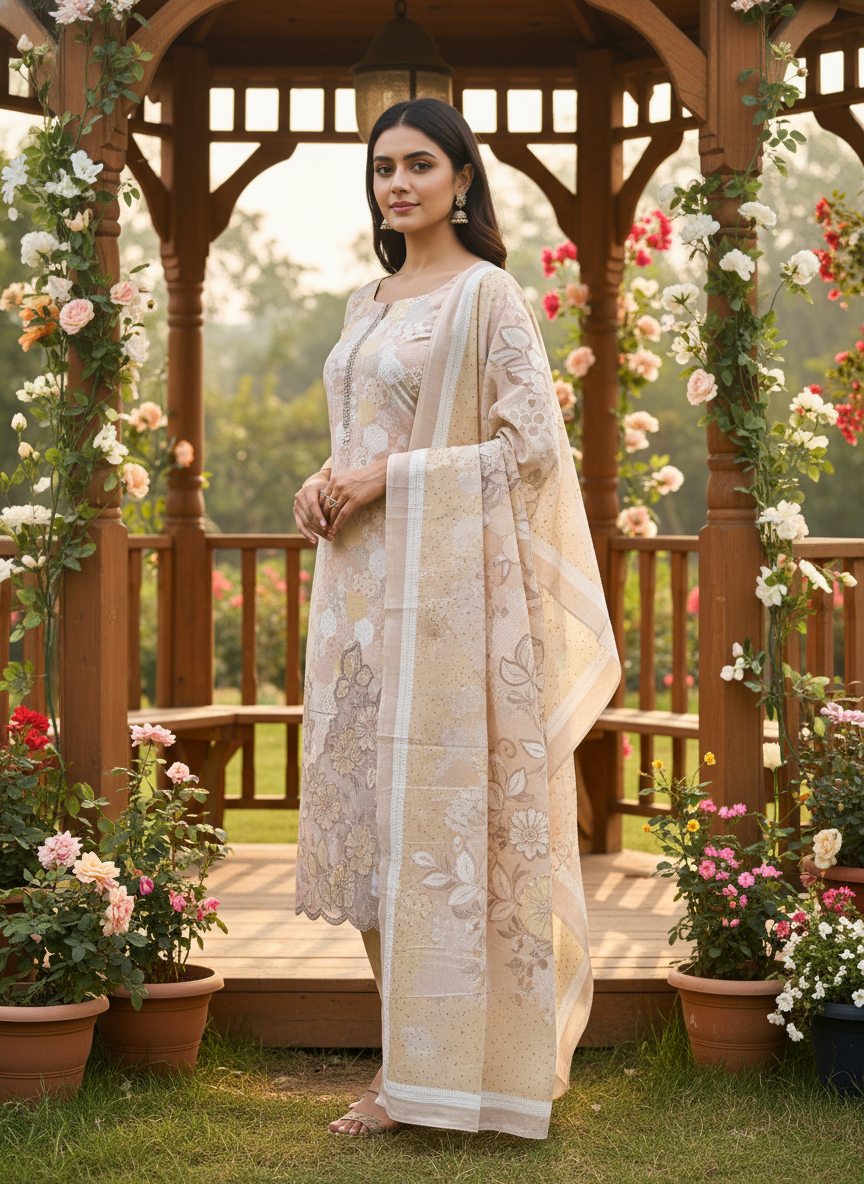 Peach Cotton Printed Embroidery Dress Material (50569)