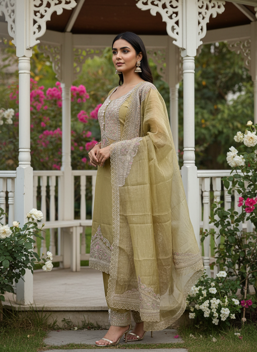 Mustard Organza Embroidered Festive Ensemble (53955)