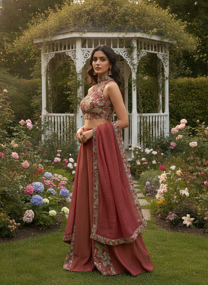 Embroidered Maroon Tissue Plazo Suit with Luminous Drape (56425)