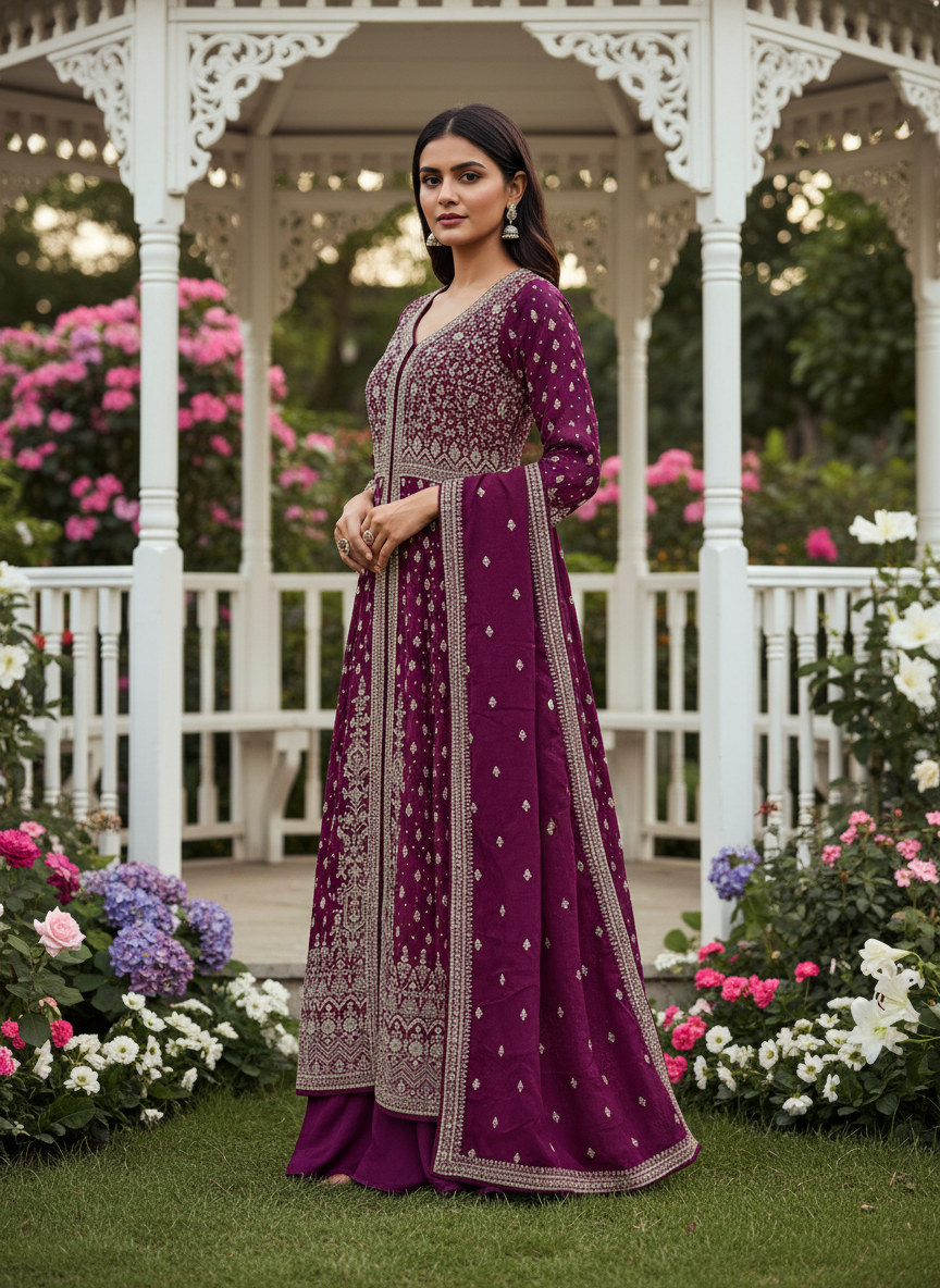 Purple Silk Dupatta with Zari Embroidery (54528)