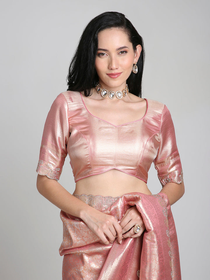 Anahita – Peach Pink Woven Silk Saree with Antique Gold Lace Border | Fazals (45378)