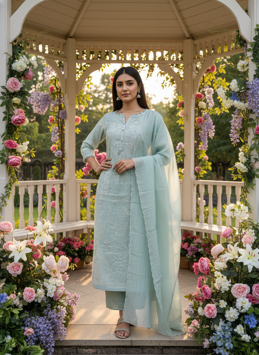 Light Green Embroidered Chanderi Unstitched Fabric (54279)