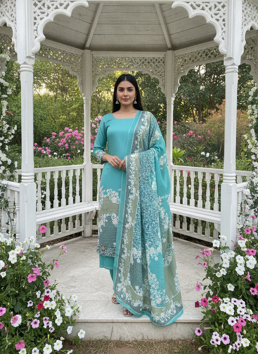 Light Blue Muslin Printed Embroidery Dupatta (51973)