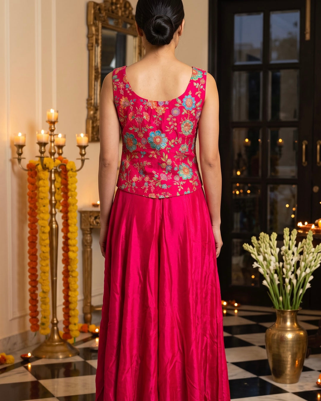 Rani Pink Embroidered Silk Short Shirt Palazzo Set (56375)