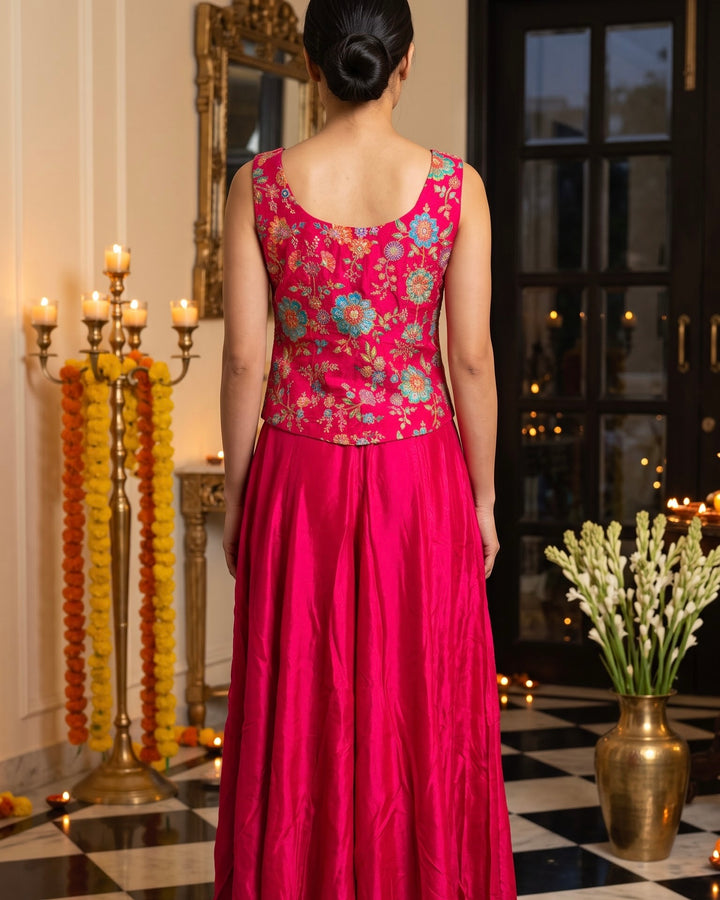 Rani Pink Embroidered Silk Short Shirt Palazzo Set (56375)