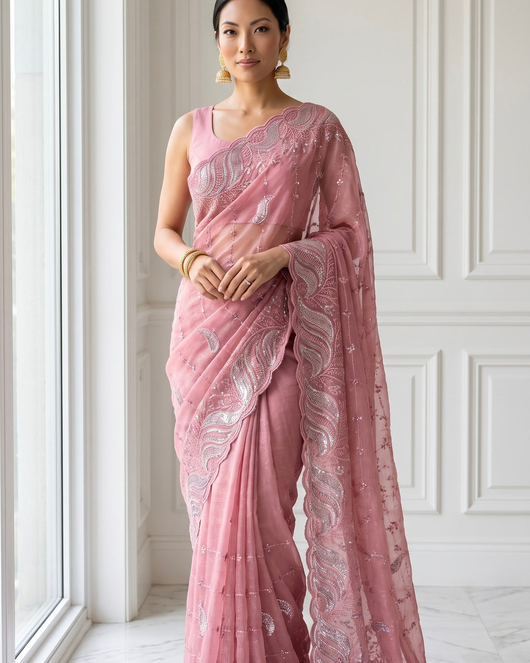 Embroidered Pink Chiffon Saree (44276)