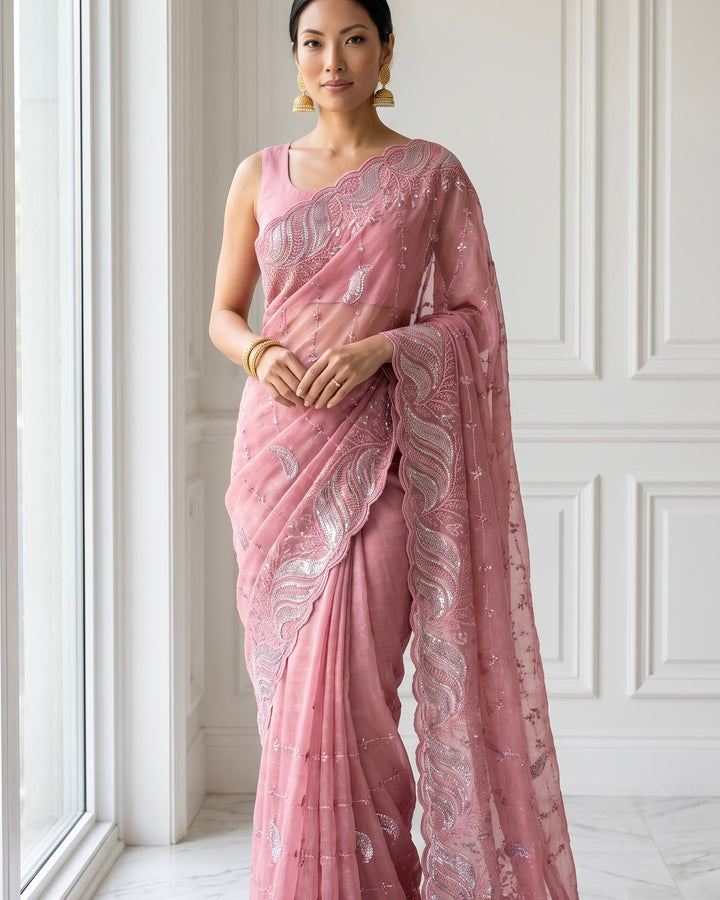 Embroidered Pink Chiffon Saree (44276)