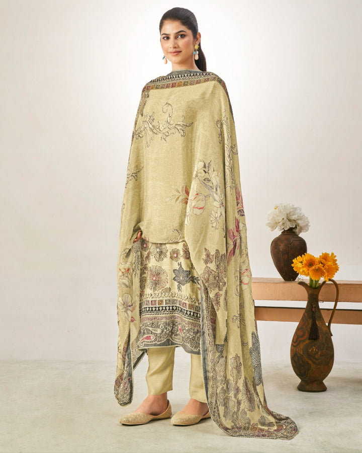 43969 - Printed Muslin Embroidered Suit With Muslin Duppatta