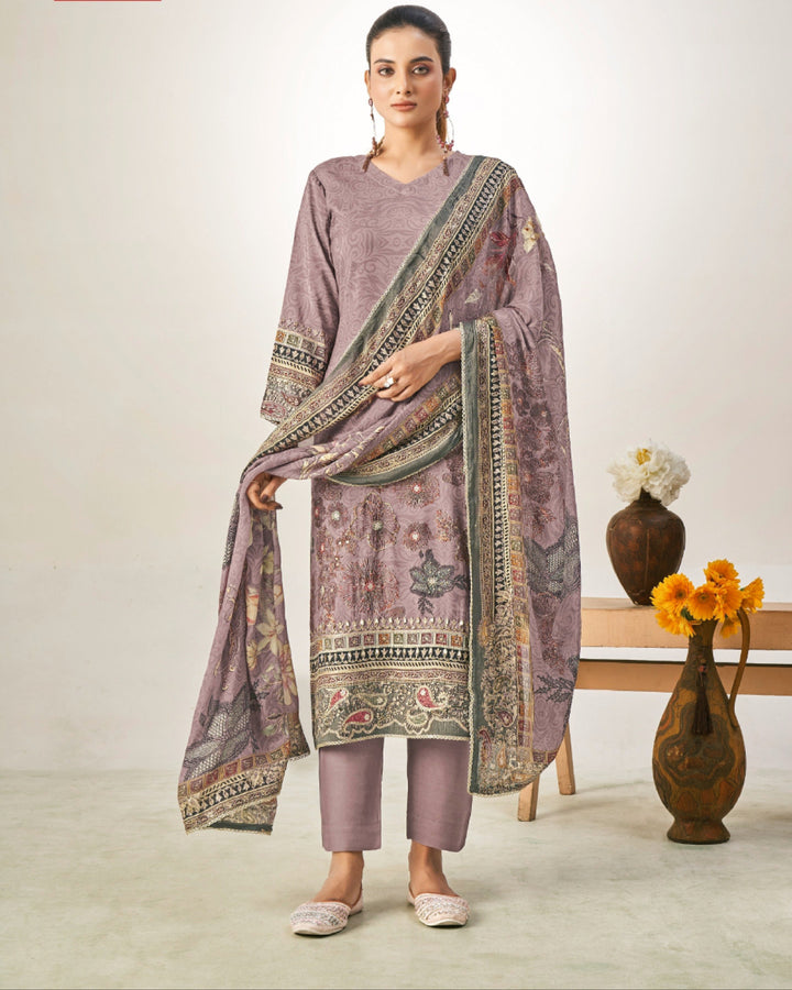 43970 - Printed Muslin Embroidered Suit With Muslin Duppatta