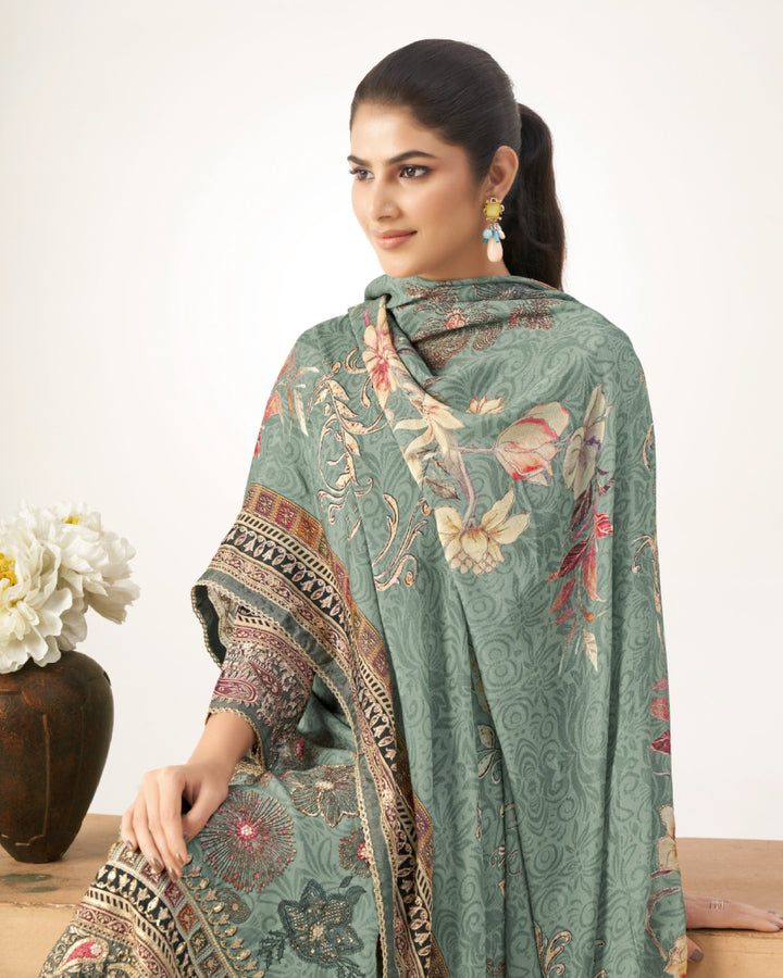 43971 - Printed Muslin Embroidered Suit With Muslin Duppatta