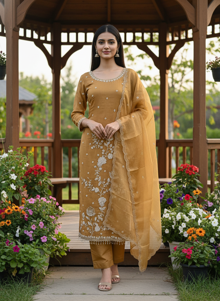 Mustard Tissue Handwork Unstitched Material (48706)