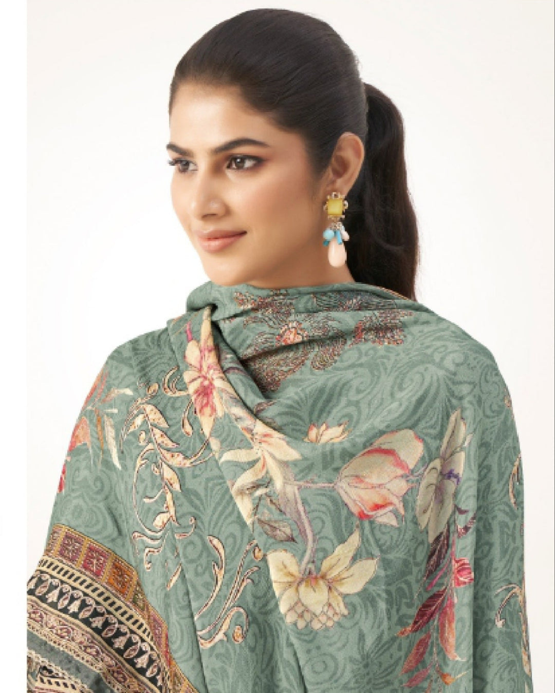 43971 - Printed Muslin Embroidered Suit With Muslin Duppatta