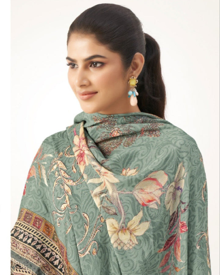 43971 - Printed Muslin Embroidered Suit With Muslin Duppatta