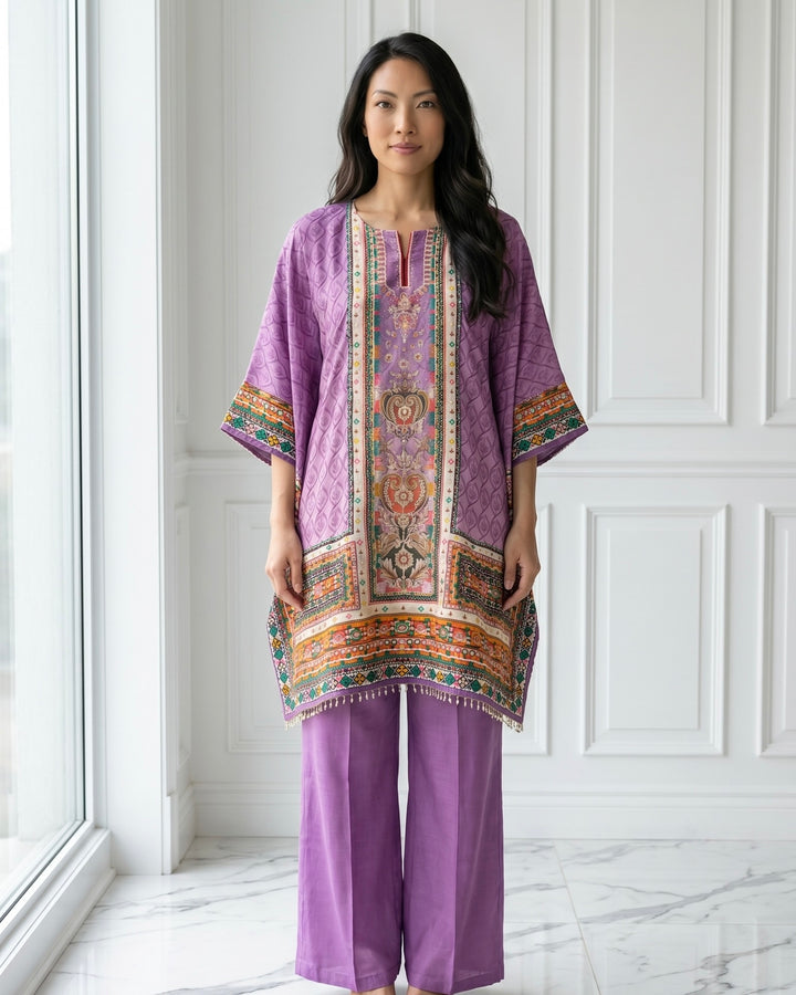 Lavender Muslin Embroidered Festive Kaftan (42197)