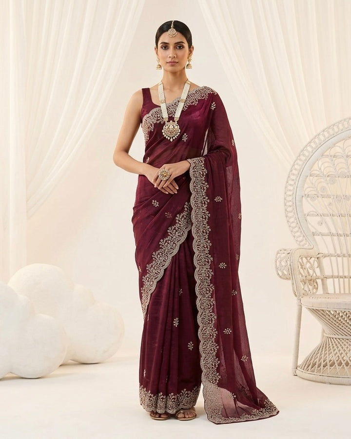 Wine Organza Saree with Allover Embroidery (54585)