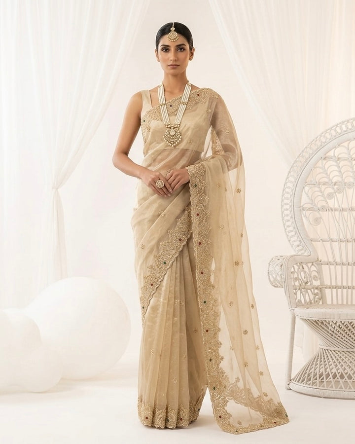 Golden Organza Saree with Allover Embroidery (54584)