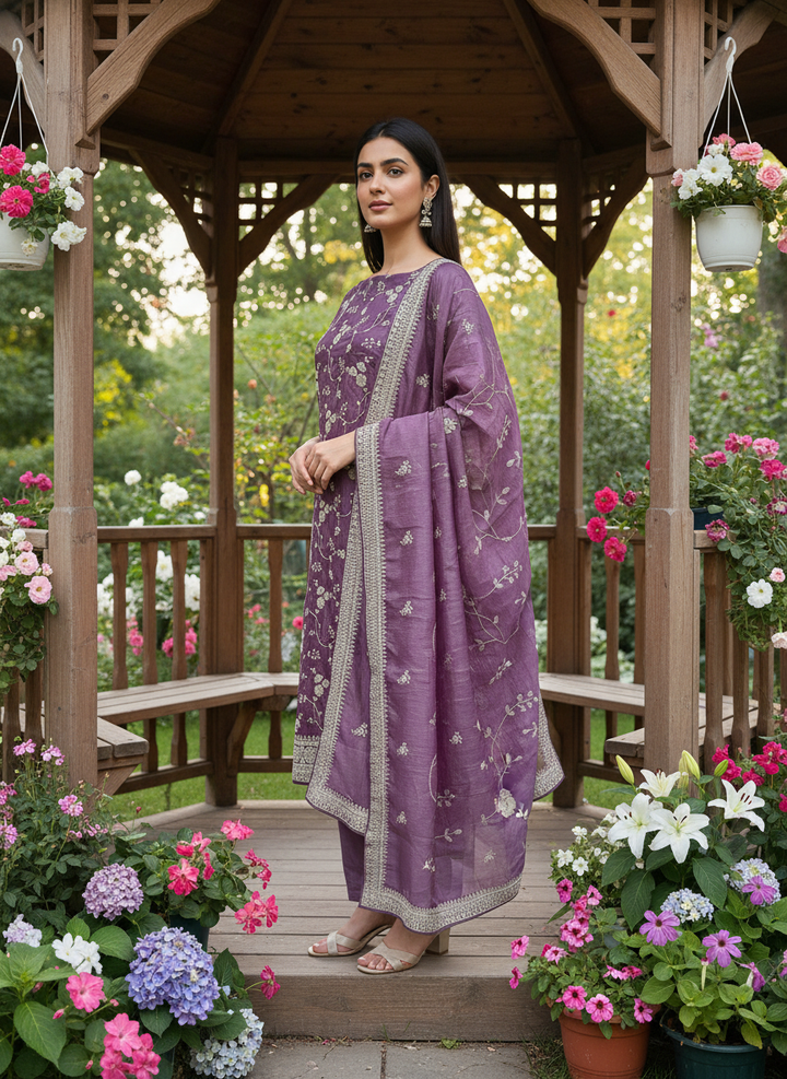 Luminous Pink Tissue with Zari Embroidery (41415)