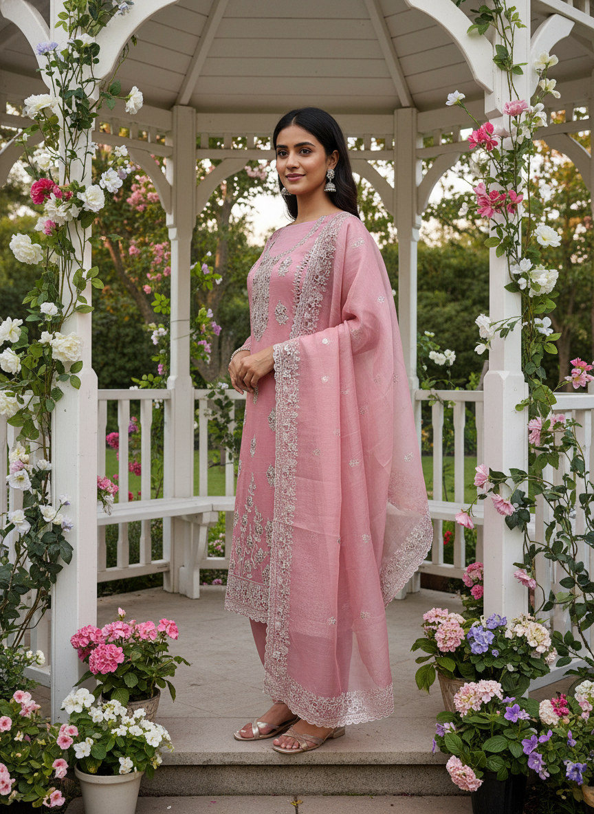 Rose Pink Embroidered Tissue for Festive Elegance (55216)