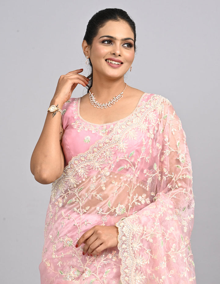 Ayla – Blush Pink Organza Saree with Thread & Stone Embroidery | Fazals (46586)