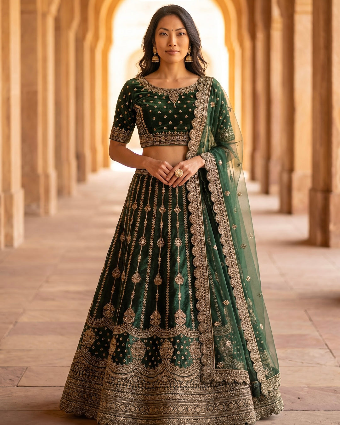 Emerald Velvet Embroidered Bridal Lehenga (40021)
