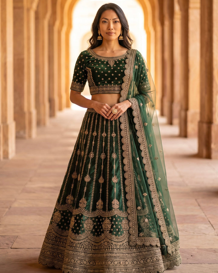 Emerald Velvet Embroidered Bridal Lehenga (40021)