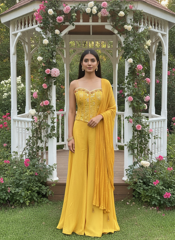 Embroidered Yellow Silk Plazo Suit (56434)