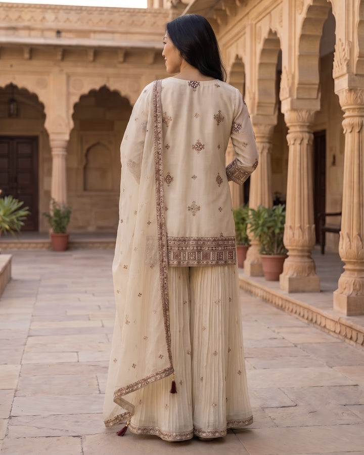 Cream Chinnon Embroidered Festive Palazzo Ensemble (40924)