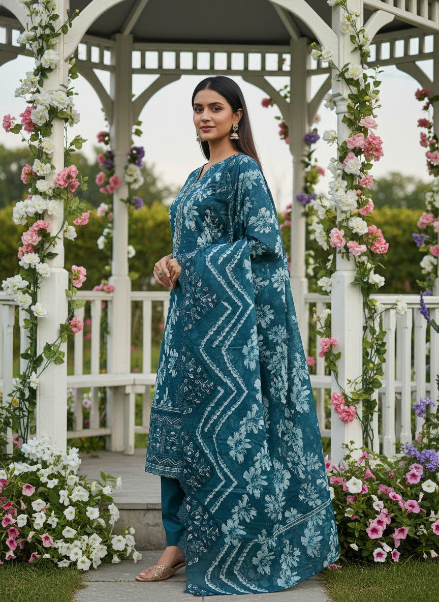 Peacock Blue Cotton with Printed Embroidery (51621)