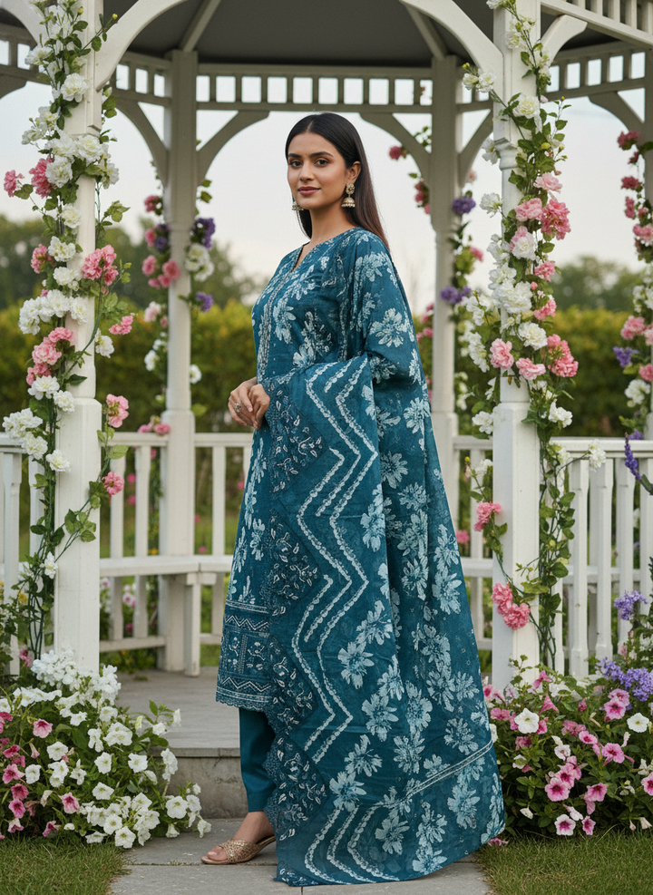 Peacock Blue Cotton with Printed Embroidery (51621)