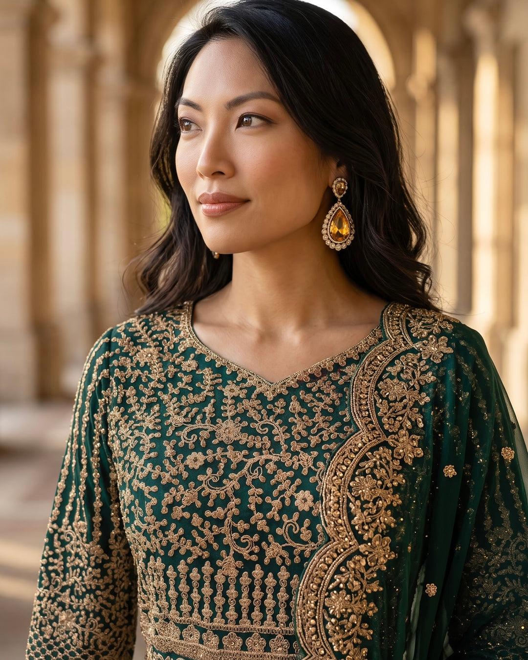 Bottle Green Embroidered Trail Cut Farshi (56988)