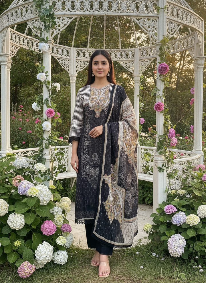 Black Muslin Embroidered Cotton Dupatta Set (51980)