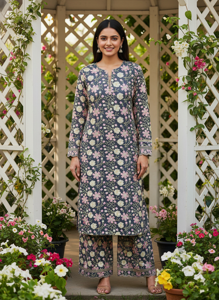 Grey Embroidered Cotton with Timeless Artistry (54409)