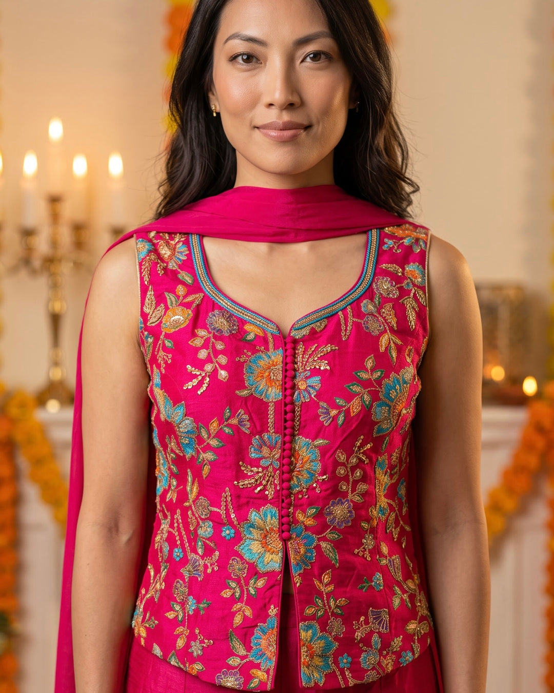 Rani Pink Embroidered Silk Short Shirt Palazzo Set (56375)