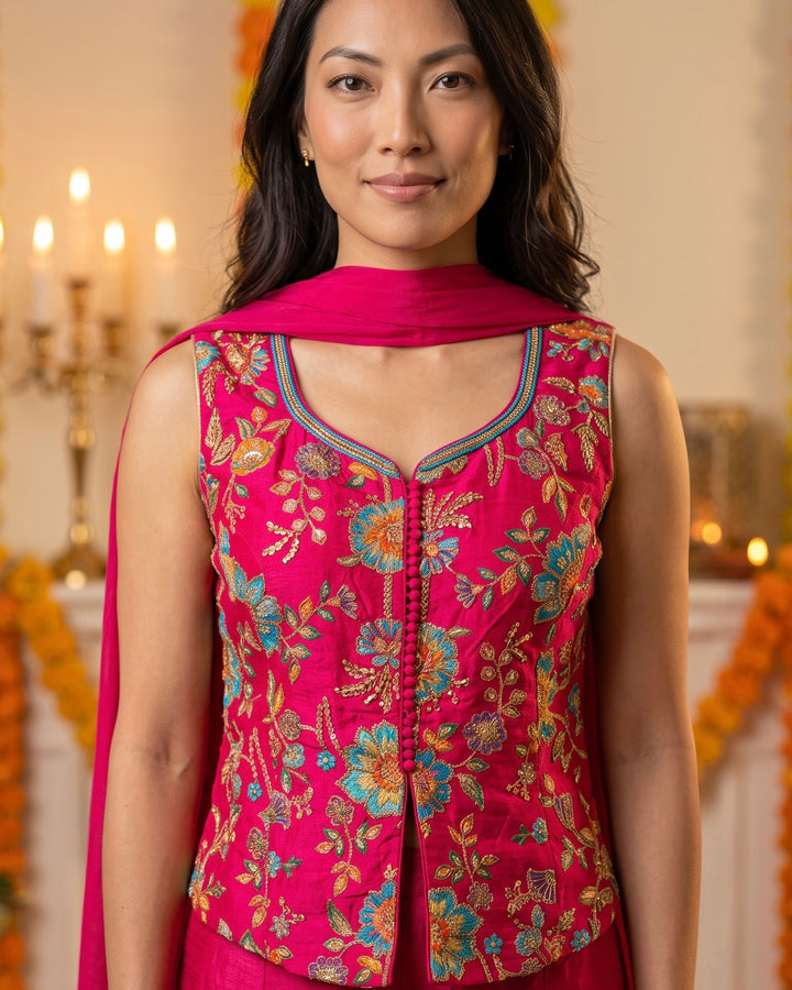 Rani Pink Embroidered Silk Short Shirt Palazzo Set (56375)