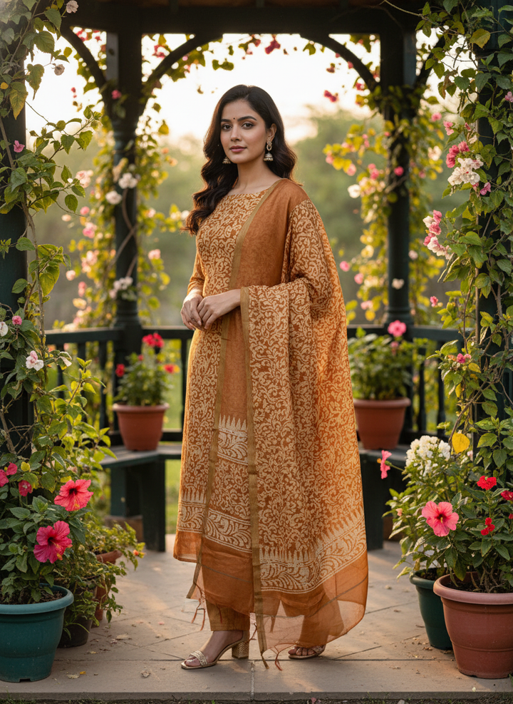Mustard Chanderi Printed Unstitched Elegance (48235)