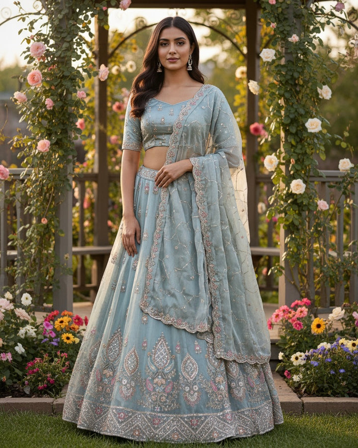 Embroidered Blue Organza Indo Western Gown (54791)