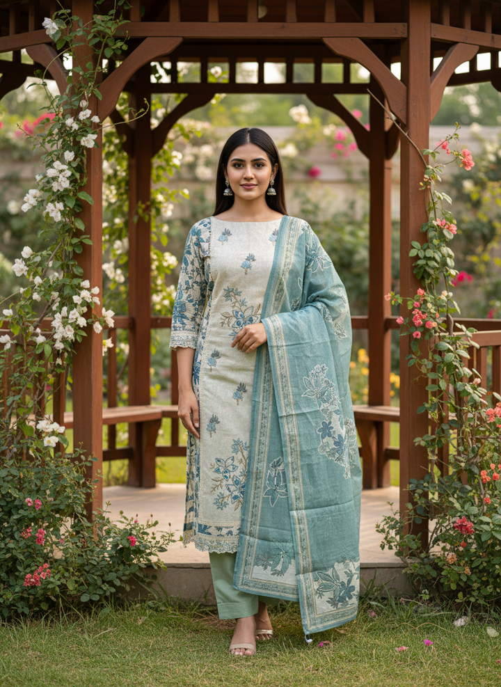 Verdant Green Cotton with Printed Embroidery (52943)