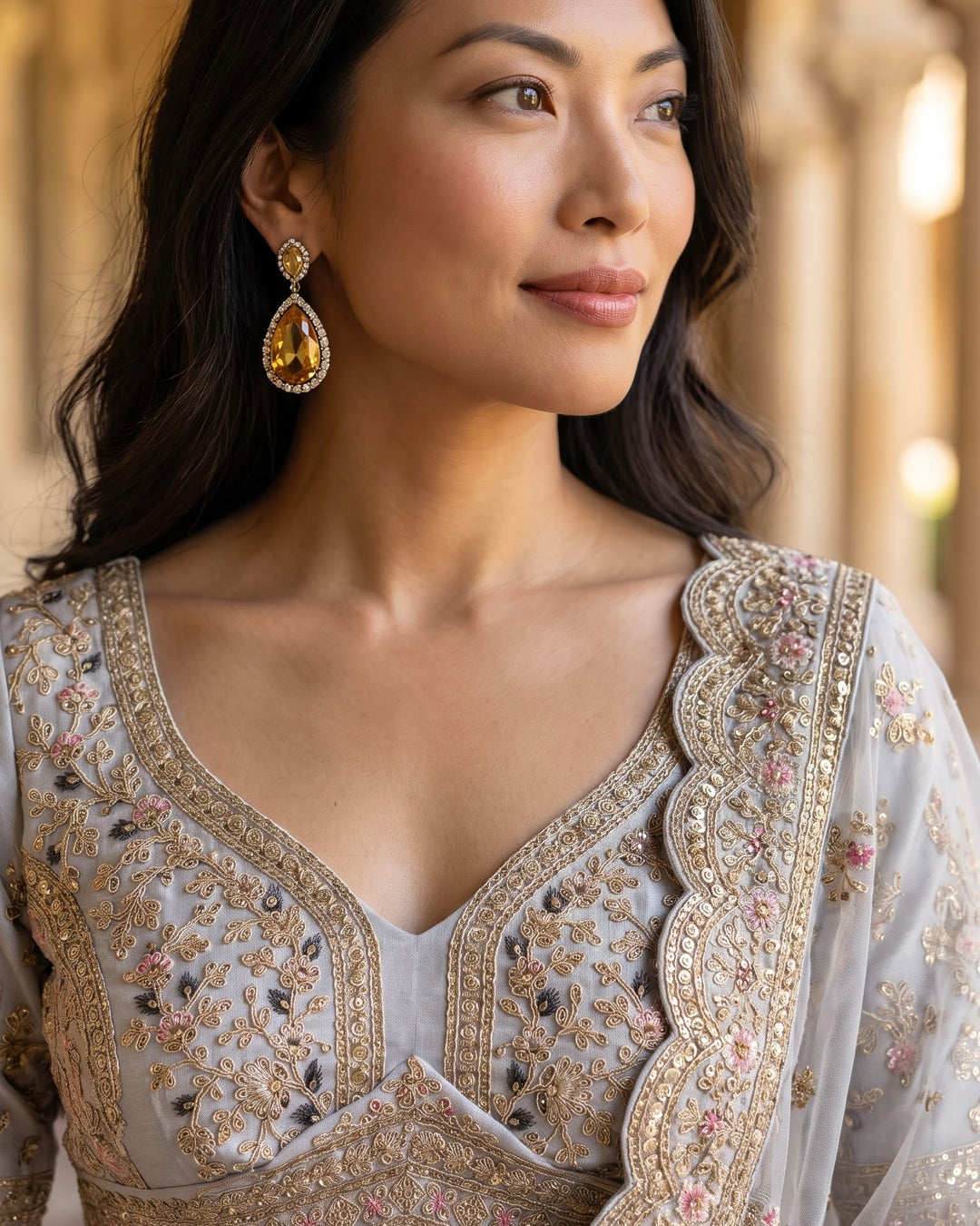 Embroidered Grey Tissue Bridal Dupatta (38501)