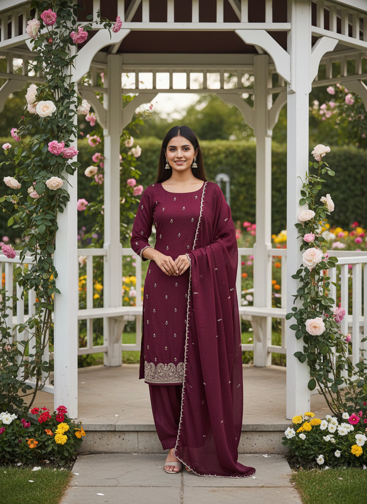 Wine Upada Silk with Handcrafted Cutdana Embellishment (48912)