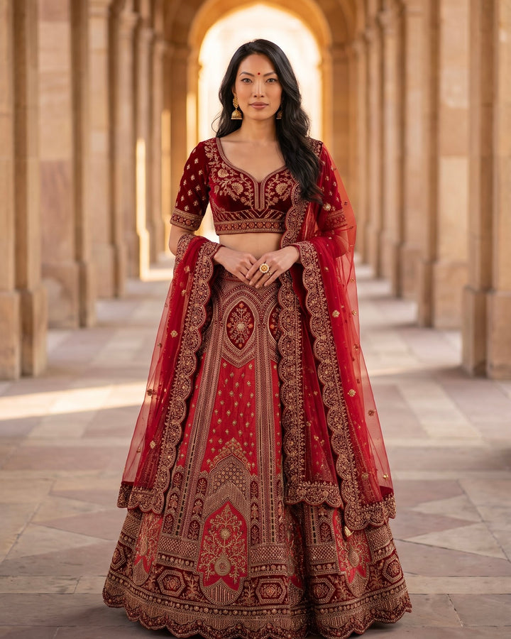 Maroon Velvet Embroidered Bridal Lehenga (52289)