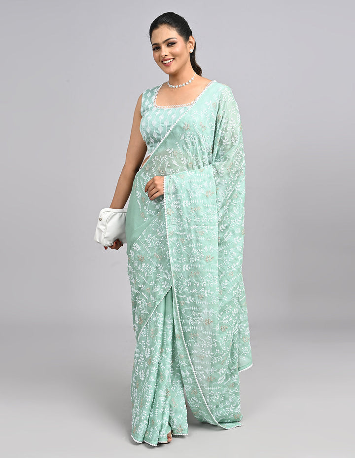 Aira – Mint Green Georgette Saree with Embroidered Thread Work Blouse | Fazals (43388)