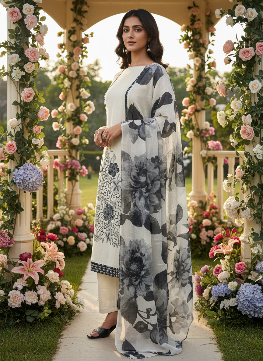 Embroidered Cream Mull Unstitched Suit (54387)