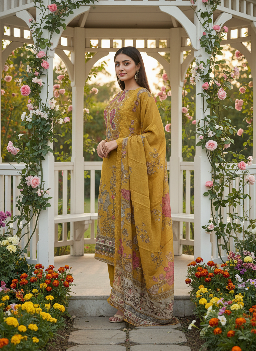 Mustard Muslin Printed Embroidery Suit Material (50620)
