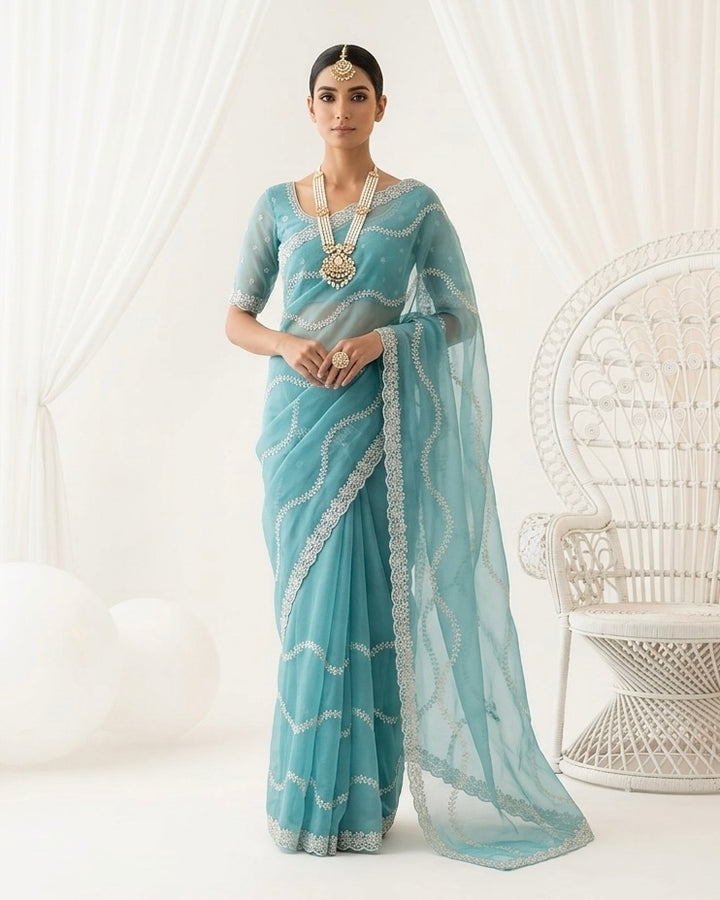 Emerald Organza Embroidered Elegance Saree (54586)