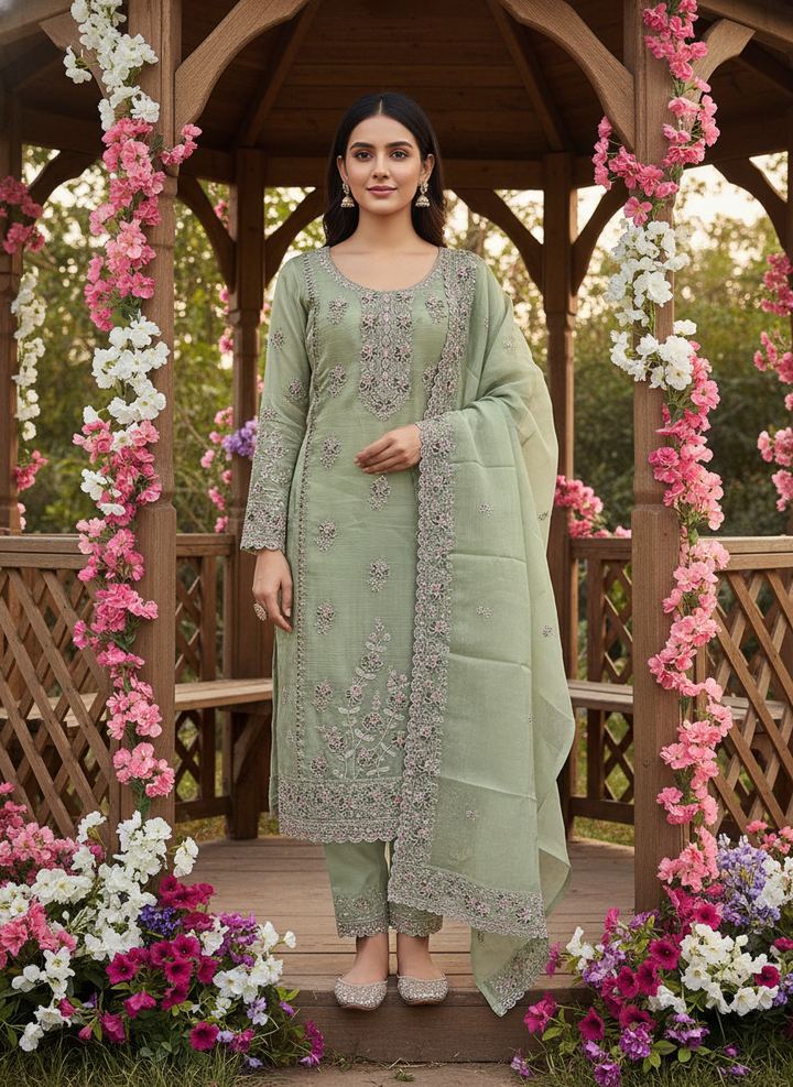 Verdant Green Tissue Silk with Embroidered Elegance (55215)