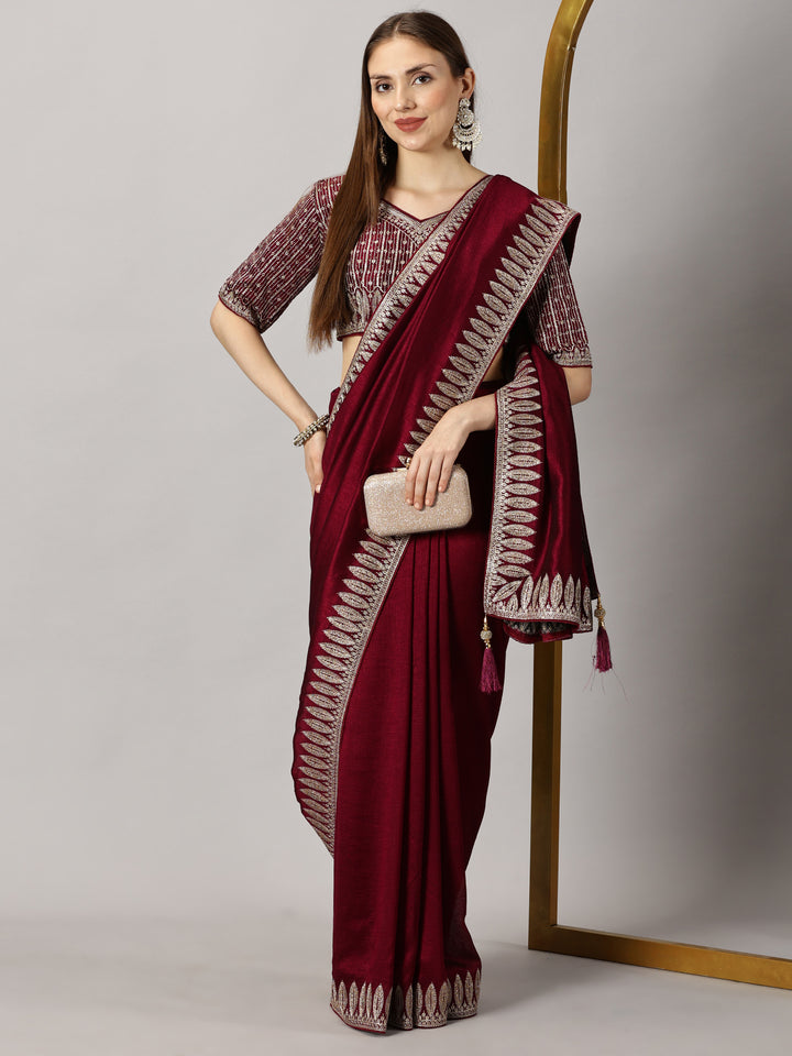 Silk Pink Zari Embroidered Saree & Ready to Wear Blouse